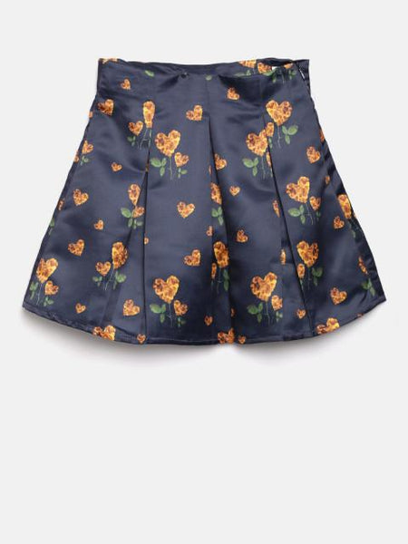 Peppermint Girls Navy & Mustard Yellow Floral Print Flared Skirt