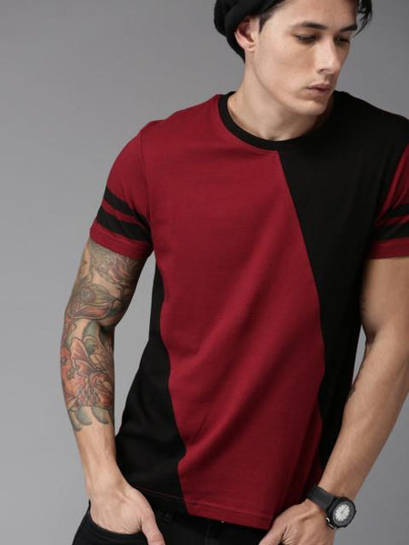 Moda Rapido Men Maroon & Black Colourblocked Round Neck T-shirt
