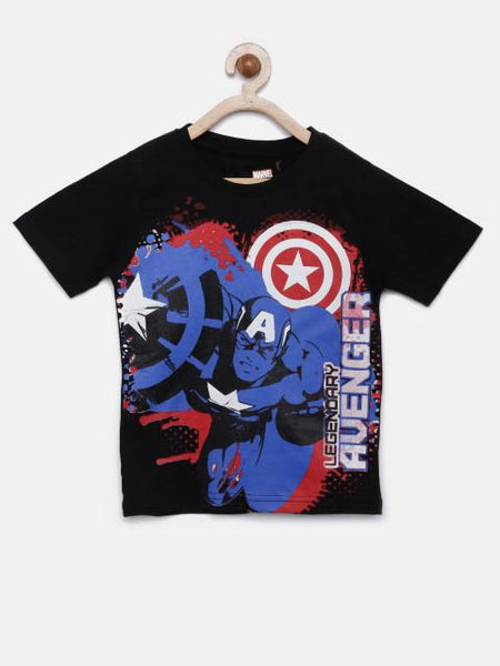 YK Marvel Boys Black Printed Round Neck T-shirt