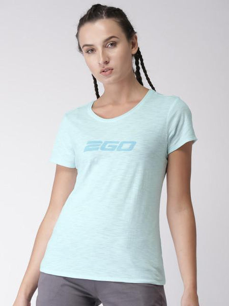 2GO Women Blue Printed Round Neck Active T-shirt