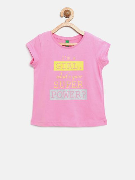 United Colors of Benetton Girls Pink Printed Round Neck T-shirt